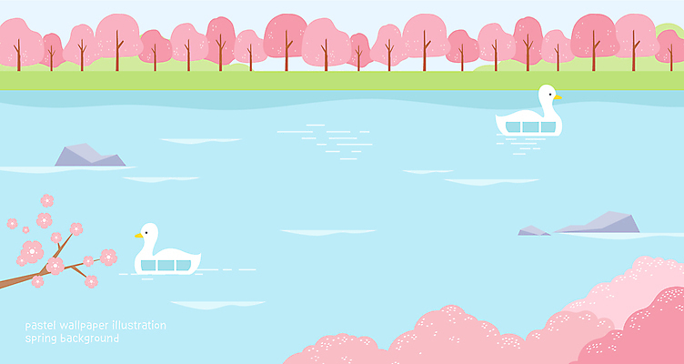 나무 호수 백그라운드 일러스트 풍경 사람없음 봄 돌_바위 나뭇가지 벚나무 오리배 국내일러스트 AI파일 식물 계절 벚꽃 파일형식 벡터