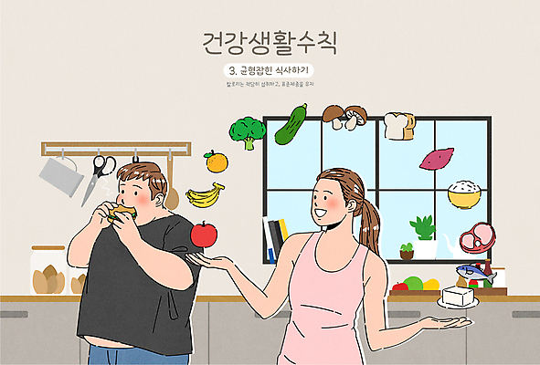여자 남자 다이어트 채소 과일 일러스트 창문 주방용품 곡류 상반신 성인 두명 비만 칼로리 식단 조절 과체중 영양소 성인만 식단관리 생활수칙 국내일러스트 AI파일 생활용품 건강 사람 몸무게 몸매 파일형식 벡터