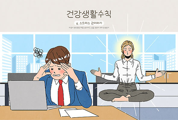 전신 여자 남자 일러스트 요가 창문 스트레스 피곤 관리 빌딩 상반신 성인 두명 노트북 빛 사무실 찡그림 편안함 명상 문서 성인만 생활수칙 국내일러스트 AI파일 웰빙 컨셉 비즈니스 표정 건강 사람 건물 전자제품 감각 파일형식 벡터