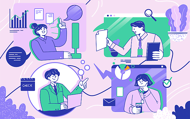 PSD 여자 남자 커피 선 말풍선 일러스트 회의 그래프 대화 들기 여러명 상반신 성인 보라색 직장인 원형 체크표시 문서 열정 통계자료 화상통화 성인만 언택트 국내일러스트 도형 직업 감정 음료 컬러 다수 비즈니스 모션 통계 말하기 사람 자료 확인 통화 파일형식