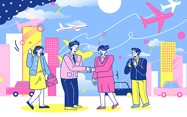 전신 PSD 여자 남자 선 분홍색 일러스트 자동차 악수 비행기 빌딩 여러명 성인 도시 직장인 원형 열정 계약체결 성인만 국내일러스트 도형 직업 감정 육상교통 컬러 다수 항공교통 대중교통 사람 손짓 건물 계약 파일형식