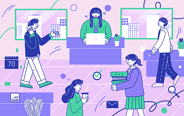 전신 PSD 여자 남자 화분 커피 선 일러스트 창문 돋보기 들기 빌딩 여러명 상반신 성인 노트북 걷기 보라색 달력 직장인 원형 책상 체크표시 열정 통화 서류파일 성인만 국내일러스트 도형 직업 감정 음료 컬러 가구 다수 모션 사람 건물 전자제품 사무용품 확인 파일형식