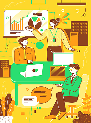 전신 PSD 여자 남자 점선 선 의자 일러스트 그래프 앉기 정장 상반신 성인 세명 노트북 노란색 스크린 모니터 자료 다리꼬기 가리킴 직장인 원형 발표 책상 열정 성인만 국내일러스트 도형 직업 옷 감정 컬러 가구 모션 사람 손짓 전자제품 컴퓨터 파일형식