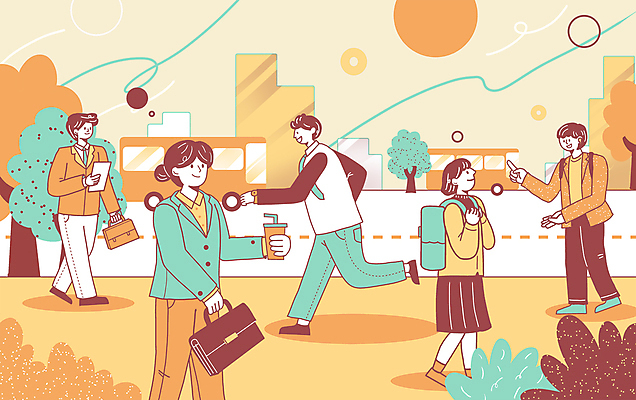 전신 PSD 나무 여자 남자 도로 커피 선 가방 일러스트 거리 버스 들기 여러명 성인 걷기 주황색 직장인 원형 열정 풀숲 성인만 국내일러스트 도형 식물 직업 잡화 감정 길 음료 육상교통 컬러 다수 교통시설 모션 대중교통 사람 숲 파일형식