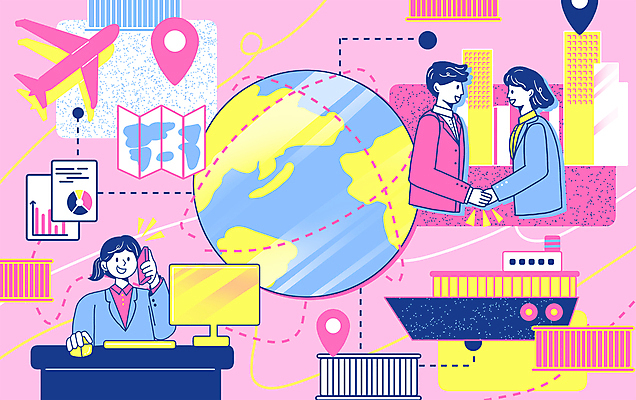 PSD 여자 남자 지구 점선 분홍색 지도 일러스트 그래프 악수 비행기 빌딩 상반신 성인 세명 모니터 자료 키보드 마우스 직장인 화물선 열정 위치 국제 성인만 국내일러스트 직업 감정 선 컬러 배_교통 항공교통 대중교통 사람 손짓 건물 컴퓨터 컴퓨터용품 파일형식