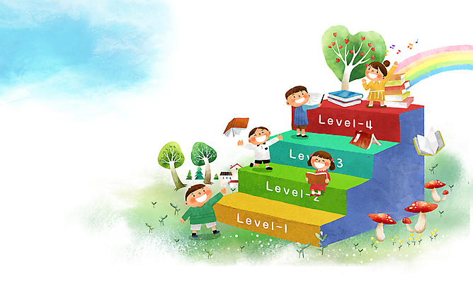 전신 PSD 나무 여자 교육 남자 어린이 무지개 음표 일러스트 상상 주택 미소 앉기 소녀 소년 여러명 책 친구 독서 새싹 버섯 풀 단계 등급 초등 어린이만 국내일러스트 자연요소 식물 기호 음악 다수 관계 모션 표정 사람 건물 파일형식