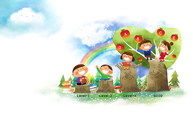 전신 PSD 구름 여자 교육 남자 어린이 무지개 일러스트 상상 미소 소녀 소년 여러명 책 친구 독서 풀 사과나무 단계 등급 초등 어린이만 국내일러스트 자연요소 나무 식물 다수 관계 표정 사람 사과 파일형식