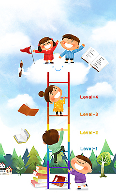 전신 PSD 나무 구름 여자 교육 남자 어린이 일러스트 사다리 상상 주택 미소 소녀 소년 여러명 책 친구 만세 깃발 잡기 풀 단계 등급 초등 어린이만 국내일러스트 자연요소 식물 다수 관계 모션 표정 사람 건물 도구 파일형식