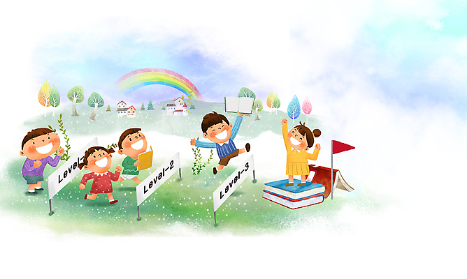전신 PSD 나무 여자 교육 남자 어린이 무지개 일러스트 상상 주택 미소 소녀 소년 여러명 책 친구 독서 달리기 만세 풀 언덕 단계 등급 장애물넘기 초등 어린이만 국내일러스트 자연요소 식물 다수 관계 모션 표정 사람 건물 넘기 파일형식