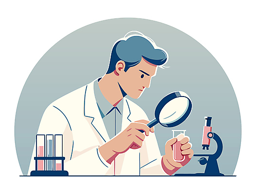 캐릭터 교육 남자 과학 일러스트 돋보기 현미경 실험 한명 들기 사람 상반신 성인 파란색 가운 집중 시험관 과학의날 실린더 성인남자한명만 일러캐릭터 AI파일 1 옷 컬러 컨셉 모션 실험기구 남자한명만 성인남자만 파일형식 벡터 법정기념일