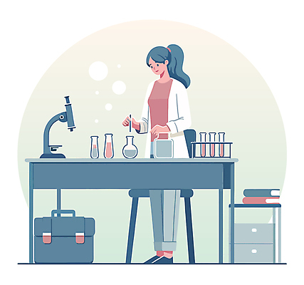 전신 캐릭터 여자 교육 과학 의자 가방 일러스트 현미경 실험 한명 사람 성인 책 파란색 상자 거품 가운 연기 책상 시험관 협탁 과학의날 둥근플라스크 실린더 성인여자한명만 일러캐릭터 AI파일 1 잡화 옷 컬러 가구 실험기구 플라스크 여자한명만 성인여자만 파일형식 벡터 법정기념일