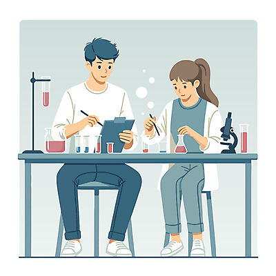 전신 캐릭터 여자 교육 남자 과학 의자 일러스트 현미경 실험 들기 사람 앉기 성인 두명 파란색 펜 기록 가운 책상 플라스크 시험관 거치대 과학의날 서류판 실린더 성인만 일러캐릭터 AI파일 옷 컬러 가구 모션 실험기구 필기구 사무용품 파일형식 벡터 법정기념일