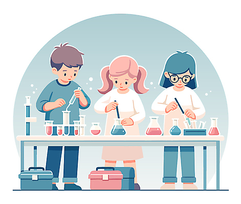 전신 캐릭터 여자 교육 남자 안경 어린이 과학 가방 일러스트 실험 들기 사람 소녀 소년 세명 거품 스포이트 책상 시험관 삼각플라스크 과학의날 실린더 어린이만 일러캐릭터 AI파일 잡화 가구 모션 실험기구 플라스크 피펫 파일형식 벡터 법정기념일
