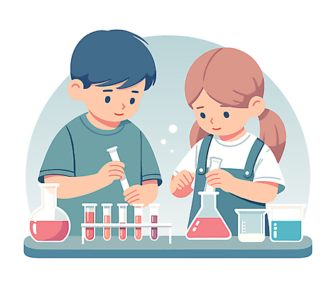 캐릭터 여자 교육 남자 어린이 과학 일러스트 실험 들기 사람 소녀 소년 상반신 두명 거품 책상 시험관 비커 삼각플라스크 과학의날 실린더 어린이만 일러캐릭터 AI파일 가구 모션 실험기구 플라스크 파일형식 벡터 법정기념일