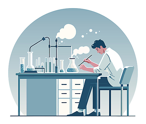 전신 캐릭터 교육 남자 과학 의자 일러스트 실험 한명 앉기 성인 파란색 거품 연기 책상 플라스크 시험관 서랍장 파이프 과학의날 실린더 성인남자한명만 일러캐릭터 AI파일 1 컬러 가구 모션 실험기구 사람 남자한명만 성인남자만 파일형식 벡터 법정기념일
