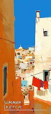 PSD 여행 일러스트 풍경 사람없음 건물 여름 파란색 햇빛 주황색 빨래널기 빨랫감 국내일러스트 건축물 계절 컬러 태양 빨래 파일형식