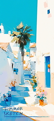 PSD 여행 일러스트 휴가 거리 풍경 사람없음 건물 여름 파란색 야자수 문 지중해 오르막 국내일러스트 나무 건축물 계절 바다 컬러 파일형식