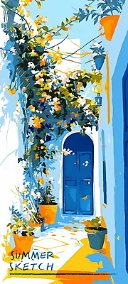 PSD 꽃 화분 여행 일러스트 풍경 사람없음 건물 여름 파란색 문 주황색 풀 지중해 국내일러스트 식물 건축물 계절 바다 컬러 파일형식