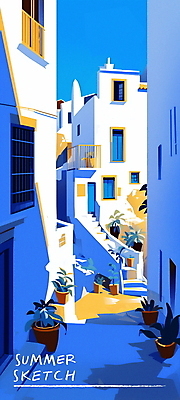 PSD 화분 여행 일러스트 창문 휴가 사람없음 건물 여름 파란색 햇빛 문 계단 골목길 그늘 지중해 국내일러스트 건축물 계절 길 바다 컬러 태양 파일형식