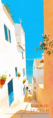 PSD 꽃 여행 하늘색 일러스트 창문 풍경 사람없음 건물 여름 햇빛 문 계단 주황색 골목길 지중해 국내일러스트 식물 건축물 계절 길 바다 컬러 파란색 태양 파일형식