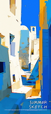 PSD 여행 일러스트 그림자 풍경 사람없음 건물 여름 파란색 계단 골목길 지중해 국내일러스트 건축물 계절 길 바다 컬러 파일형식