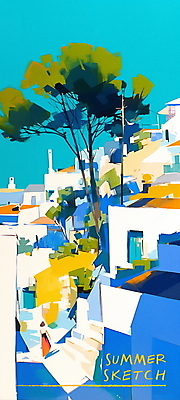 PSD 나무 여행 일러스트 하늘 휴가 풍경 사람없음 건물 여름 파란색 햇빛 계단 지중해 국내일러스트 식물 건축물 계절 바다 컬러 태양 파일형식