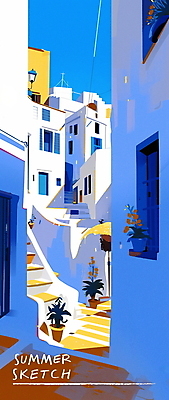 PSD 화분 여행 일러스트 창문 풍경 사람없음 건물 여름 파란색 햇빛 계단 지중해 국내일러스트 건축물 계절 바다 컬러 태양 파일형식