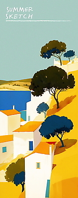 PSD 나무 여행 일러스트 자연 휴가 풍경 사람없음 건물 여름 햇빛 주황색 지중해 국내일러스트 식물 건축물 계절 바다 컬러 태양 생태계 파일형식