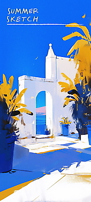 PSD 여행 일러스트 자연 휴가 풍경 사람없음 건물 여름 파란색 야자수 햇빛 지중해 국내일러스트 나무 건축물 계절 바다 컬러 태양 생태계 파일형식