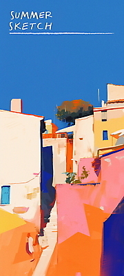 PSD 나무 여행 일러스트 휴가 풍경 사람없음 건물 여름 파란색 햇빛 지중해 국내일러스트 식물 건축물 계절 바다 컬러 태양 파일형식