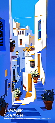 PSD 화분 여행 일러스트 창문 휴가 거리 사람없음 건물 여름 파란색 햇빛 골목길 그늘 지중해 국내일러스트 건축물 계절 길 바다 컬러 태양 파일형식