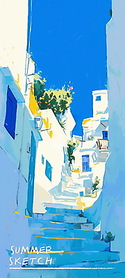 PSD 여행 일러스트 휴가 거리 풍경 사람없음 건물 여름 파란색 햇빛 계단 풀 골목길 지중해 국내일러스트 식물 건축물 계절 길 바다 컬러 태양 파일형식