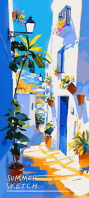 PSD 꽃 화분 여행 일러스트 창문 휴가 거리 풍경 사람없음 건물 여름 파란색 햇빛 문 골목길 지중해 국내일러스트 식물 건축물 계절 길 바다 컬러 태양 파일형식