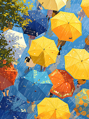 JPG 나무 여자 남자 백그라운드 일러스트 우산 나뭇잎 거리 풍경 여러명 성인 컬러풀 걷기 봄비 군중 가득함 디지털합성 그림 성인만 국내일러스트 AI일러스트 AI콘텐츠 식물 컬러 다수 잎 모션 사람 봄 비_날씨 파일형식