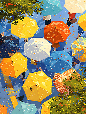 JPG 나무 여자 남자 백그라운드 일러스트 우산 나뭇잎 거리 풍경 여러명 성인 컬러풀 걷기 봄비 군중 가득함 디지털합성 그림 성인만 국내일러스트 AI일러스트 AI콘텐츠 식물 컬러 다수 잎 모션 사람 봄 비_날씨 파일형식