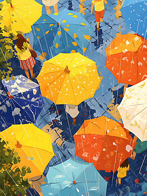 JPG 나무 여자 남자 백그라운드 일러스트 우산 나뭇잎 거리 풍경 여러명 성인 컬러풀 걷기 봄비 군중 가득함 디지털합성 그림 성인만 국내일러스트 AI일러스트 AI콘텐츠 식물 컬러 다수 잎 모션 사람 봄 비_날씨 파일형식