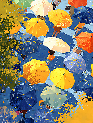 JPG 나무 여자 남자 백그라운드 일러스트 우산 나뭇잎 거리 풍경 여러명 성인 컬러풀 걷기 봄비 군중 가득함 디지털합성 그림 성인만 국내일러스트 AI일러스트 AI콘텐츠 식물 컬러 다수 잎 모션 사람 봄 비_날씨 파일형식