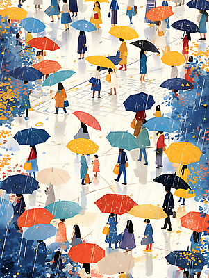 JPG 나무 여자 남자 백그라운드 일러스트 우산 나뭇잎 거리 풍경 여러명 성인 컬러풀 걷기 봄비 군중 가득함 디지털합성 그림 성인만 국내일러스트 AI일러스트 AI콘텐츠 식물 컬러 다수 잎 모션 사람 봄 비_날씨 파일형식