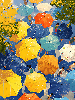 JPG 나무 여자 남자 백그라운드 일러스트 우산 나뭇잎 거리 풍경 여러명 성인 컬러풀 걷기 봄비 군중 가득함 디지털합성 그림 성인만 국내일러스트 AI일러스트 AI콘텐츠 식물 컬러 다수 잎 모션 사람 봄 비_날씨 파일형식