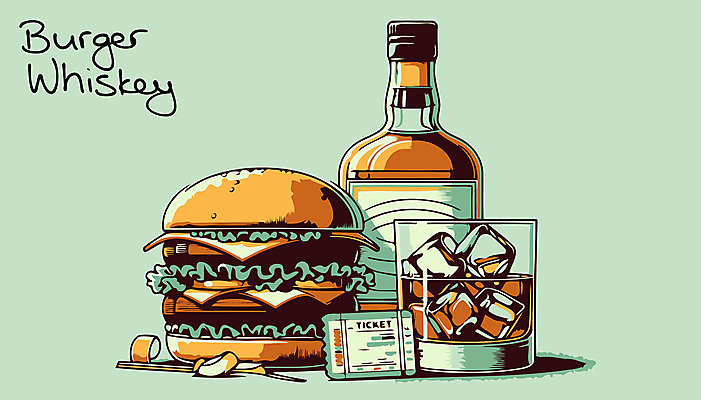 음료 술잔 일러스트 술병 잔 사람없음 라벨 얼음 햄버거 알코올 티켓 복고 위스키 국내일러스트 AI파일 자연요소 식기 병_용기 프레임 주류 패스트푸드 파일형식 벡터