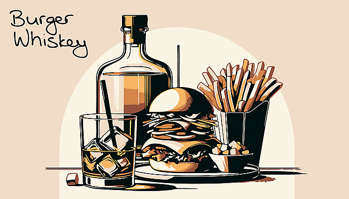 접시 음료 술잔 일러스트 술병 잔 사람없음 얼음 감자튀김 햄버거 알코올 막대기 꼬챙이 복고 위스키 국내일러스트 AI파일 자연요소 식기 주방용품 병_용기 감자 주류 패스트푸드 튀김 파일형식 벡터