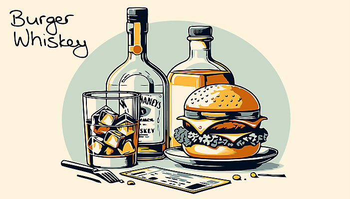 음료 포크 술잔 일러스트 술병 잔 사람없음 라벨 얼음 햄버거 알코올 티켓 복고 위스키 국내일러스트 AI파일 자연요소 식기 병_용기 프레임 주류 패스트푸드 파일형식 벡터