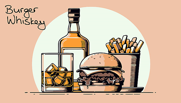 음료 술잔 일러스트 술병 잔 사람없음 얼음 감자튀김 햄버거 알코올 복고 위스키 국내일러스트 AI파일 자연요소 식기 병_용기 감자 주류 패스트푸드 튀김 파일형식 벡터