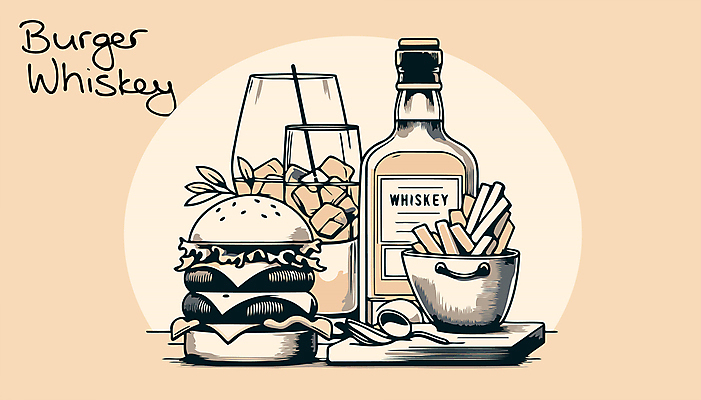 음료 술잔 일러스트 술병 잔 사람없음 라벨 얼음 감자튀김 햄버거 알코올 복고 나무도마 위스키 국내일러스트 AI파일 자연요소 식기 병_용기 감자 프레임 도마 주류 패스트푸드 목재 튀김 파일형식 벡터