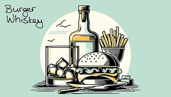 음료 술잔 일러스트 술병 잔 사람없음 얼음 감자튀김 햄버거 알코올 나이프 복고 위스키 국내일러스트 AI파일 자연요소 식기 병_용기 감자 주류 패스트푸드 튀김 칼 파일형식 벡터