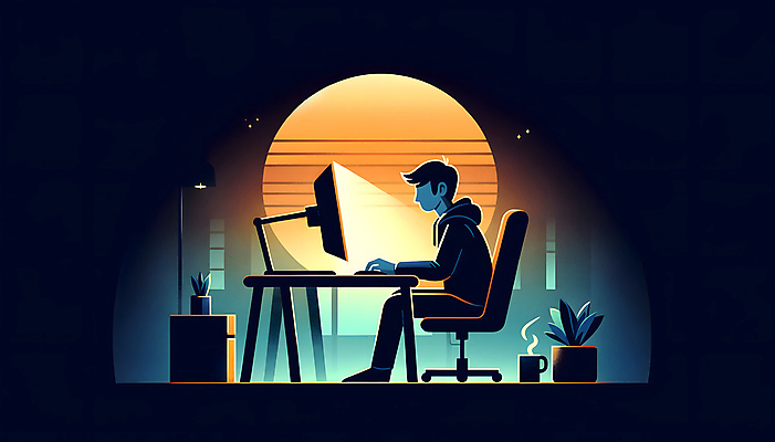 JPG 전신 식물 남자 일러스트 창문 실내 한명 앉기 성인 컴퓨터 사무실 모니터 작업 야간 집중 디지털합성 자기계발 성인남자한명만 국내일러스트 AI일러스트 AI콘텐츠 자연요소 1 컨셉 비즈니스 모션 사람 내부 전자제품 남자한명만 성인남자만 파일형식