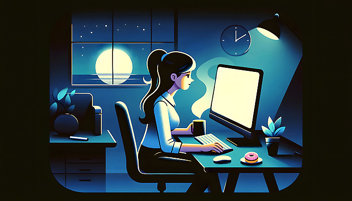 JPG 식물 여자 커피 시계 일러스트 창문 조명 실내 한명 앉기 상반신 성인 컴퓨터 모니터 키보드 마우스 작업 도넛 야간 집중 디지털합성 자기계발 성인여자한명만 국내일러스트 AI일러스트 AI콘텐츠 자연요소 1 음료 컨셉 모션 디저트 사람 내부 전자제품 컴퓨터용품 여자한명만 성인여자만 파일형식