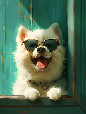 JPG 편집이미지 한마리 반려견 창문 털 웃음 사람없음 선글라스 햇빛 귀여움 강아지 디지털합성 목줄 멋쟁이 편집소스 이미지편집 편집실사 AI컴퓨터그래픽 AI콘텐츠 1 안경 컨셉 표정 반려동물 태양 개 CG 파일형식 반려용품