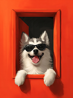 JPG 편집이미지 한마리 반려견 창문 털 웃음 사람없음 선글라스 햇빛 귀여움 강아지 디지털합성 멋쟁이 편집소스 이미지편집 편집실사 AI컴퓨터그래픽 AI콘텐츠 1 안경 컨셉 표정 반려동물 태양 개 CG 파일형식