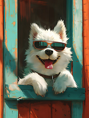 JPG 편집이미지 한마리 반려견 창문 털 웃음 사람없음 선글라스 햇빛 귀여움 강아지 디지털합성 목줄 멋쟁이 편집소스 이미지편집 편집실사 AI컴퓨터그래픽 AI콘텐츠 1 안경 컨셉 표정 반려동물 태양 개 CG 파일형식 반려용품